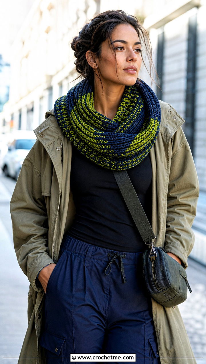 Tunisian Striped Crochet Infinity Scarf With Utility Jacket - 15 Striped Crochet Infinity Scarf outfit ideas