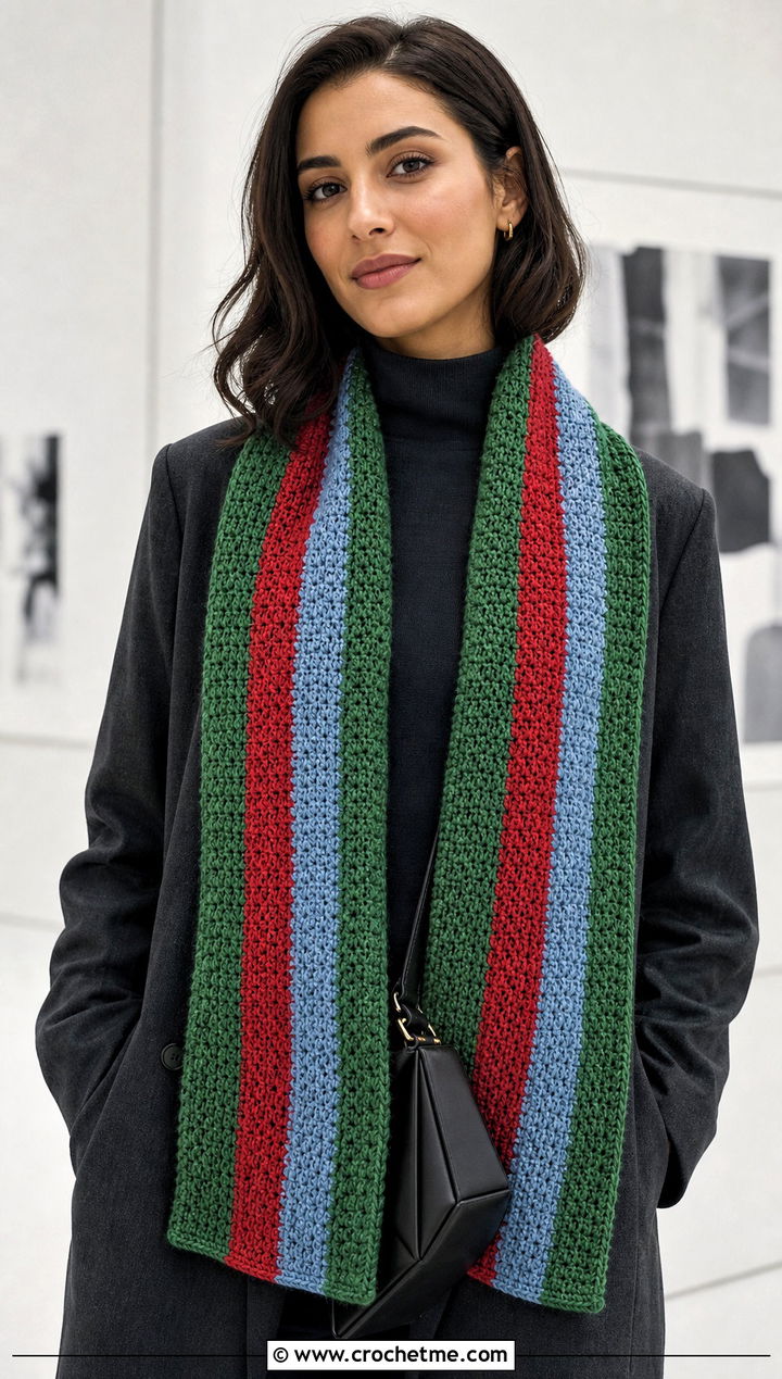 Tunisian Striped Crochet Scarf With Monochrome Outfit - 30 striped crochet scarf outfit ideas