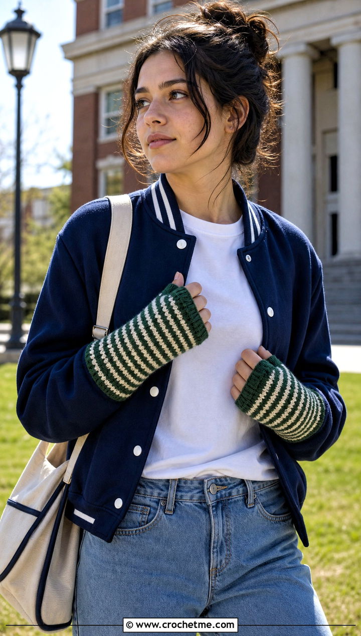 Tunisian Striped Fingerless Gloves With Varsity Jacket - 25 tunisian crochet fingerless gloves outfit ideas