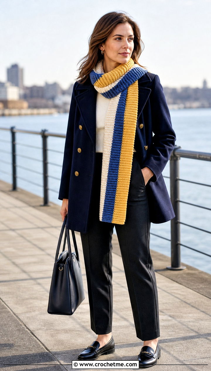 Tunisian Striped Scarf With Peacoat And Trousers - 35 tunisian crochet scarf outfit ideas