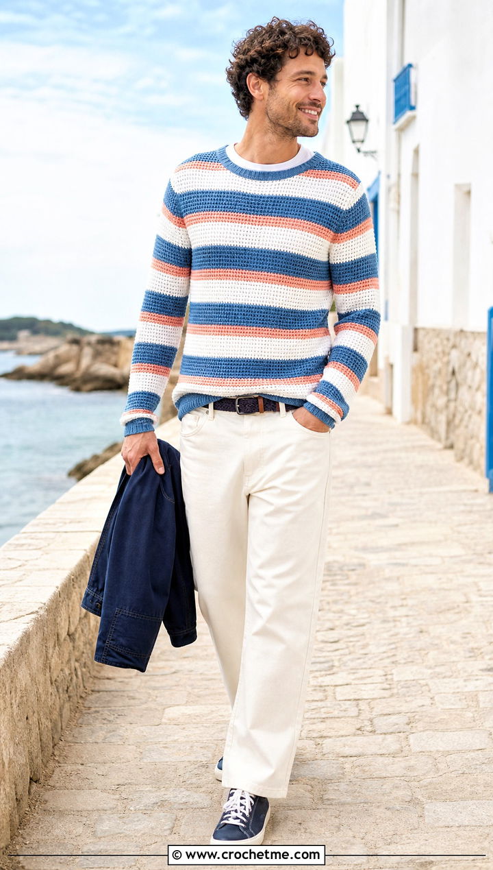 Tunisian Striped Sweater With White Jeans - 15 Tunisian Crochet Mens Sweater outfit ideas