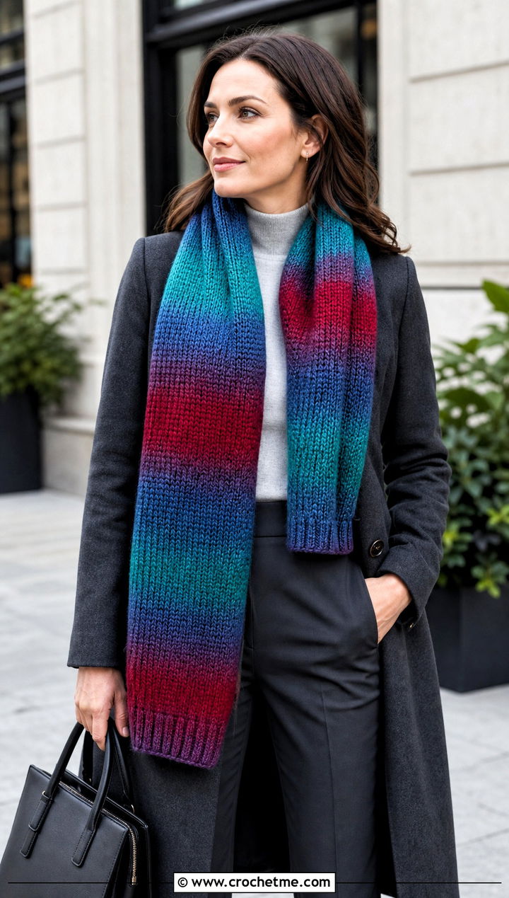 Tunisian Temperature Scarf With Tailored Coat - 30 crochet temperature scarf outfit ideas