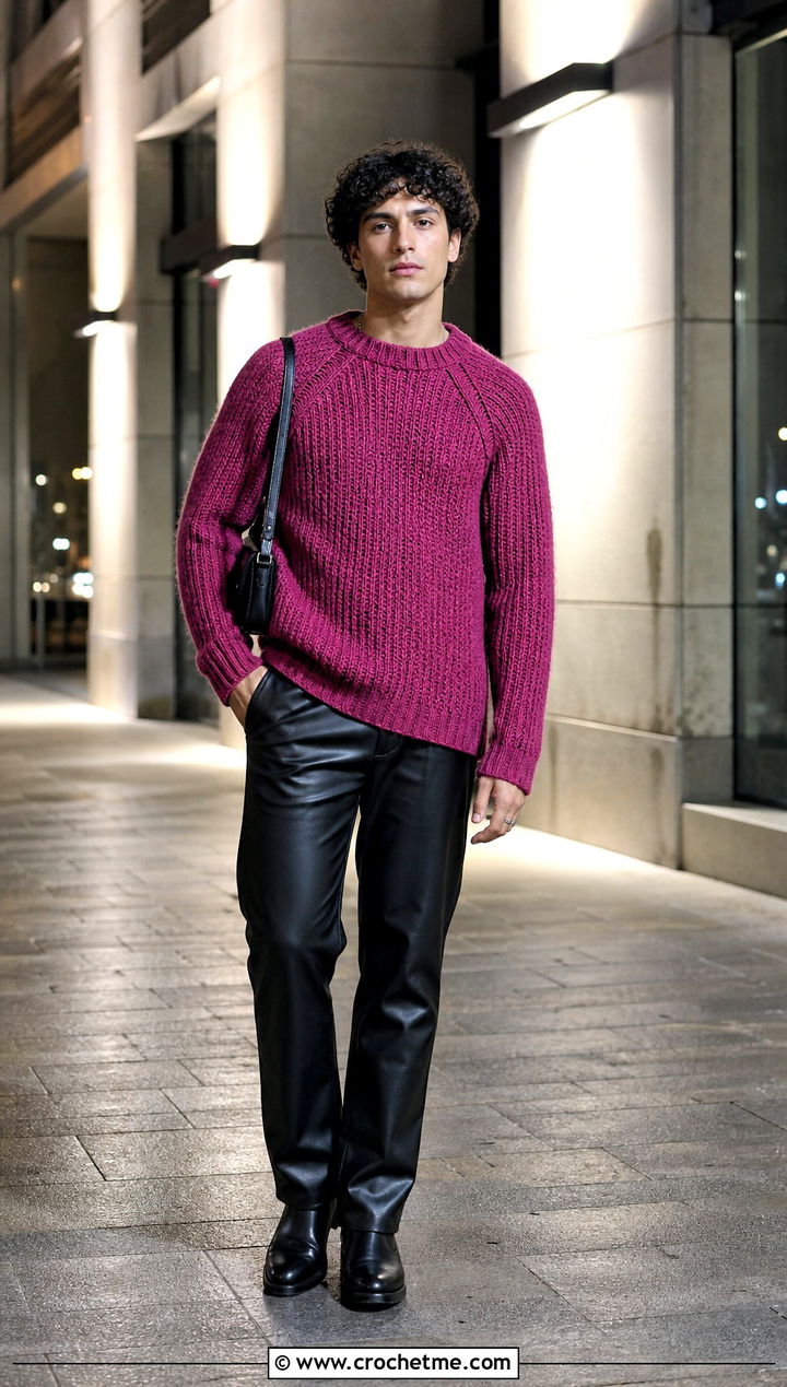Tunisian Textured Raglan Sweater With Leather Pants - 15 Tunisian Crochet Mens Sweater outfit ideas