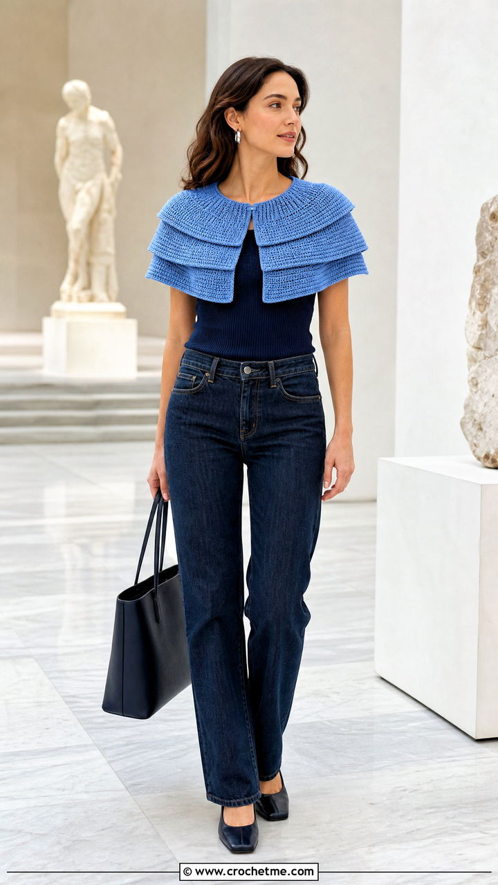 Tunisian Tiered Crochet Capelet With Straight Leg Jeans - 35 crochet capelet outfit ideas