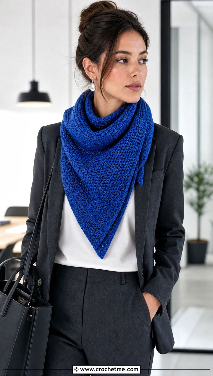 Tunisian Triangle Crochet Scarf With Blazer And Trousers - 15 One Skein Triangle Crochet Scarf outfit ideas