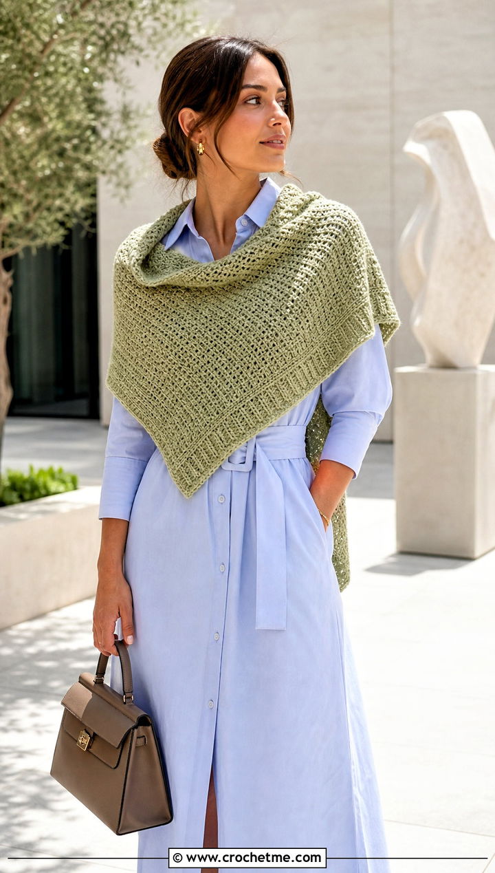 Tunisian Triangle Crochet Summer Scarf With Shirt Dress - 30 crochet summer scarf outfit ideas