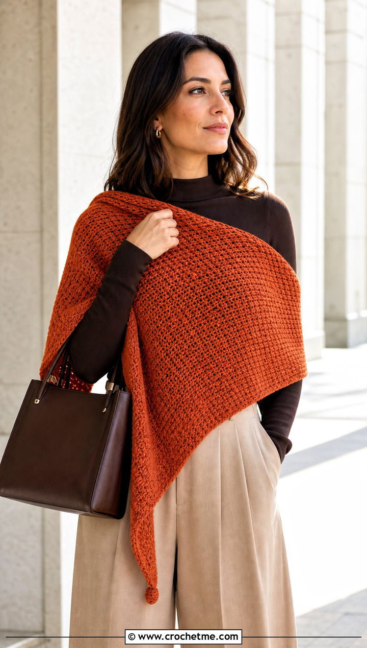 Tunisian Triangular Crochet Shawl With Pleated Pants - 25 triangular crochet shawl outfit ideas
