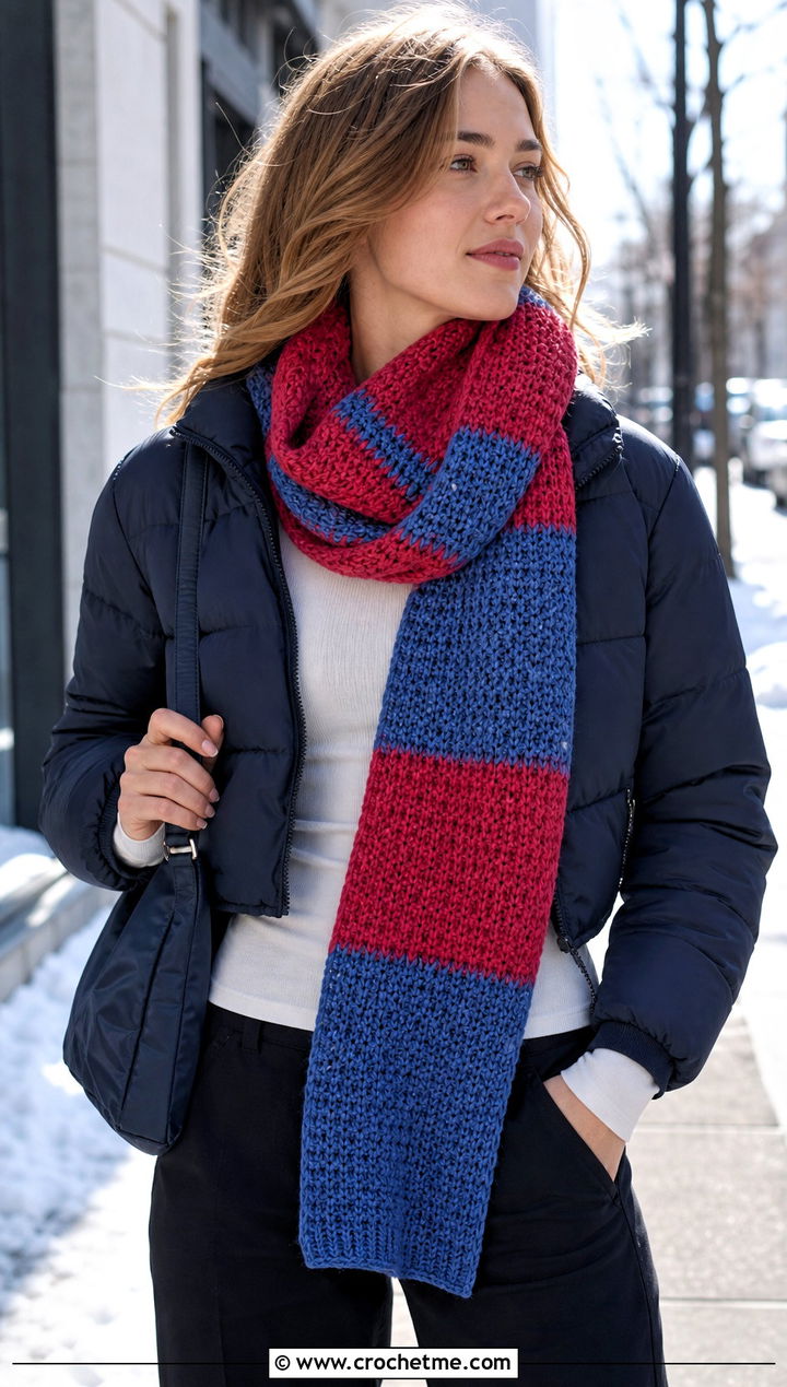 Tunisian Two Tone Crochet Scarf With Puffer Jacket - 25 two tone crochet scarf outfit ideas