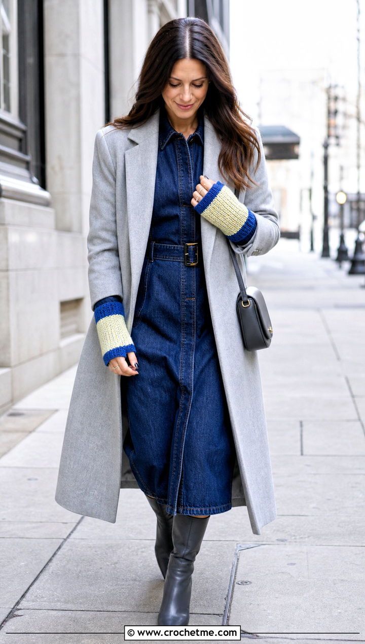 Tunisian Two Tone Fingerless Gloves With Denim Dress - 25 tunisian crochet fingerless gloves outfit ideas