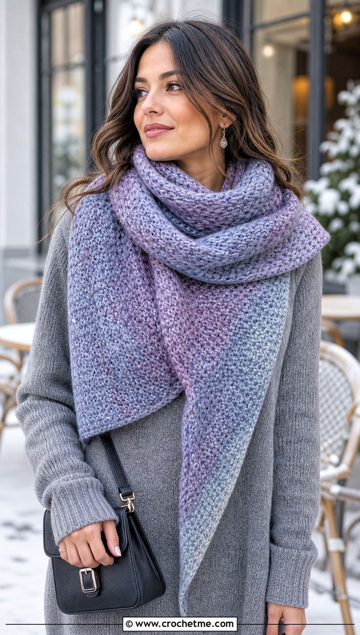 Tunisian Variegated Crochet Scarf With Sweater Dress - 25 Variegated Yarn Crochet Scarf outfit ideas