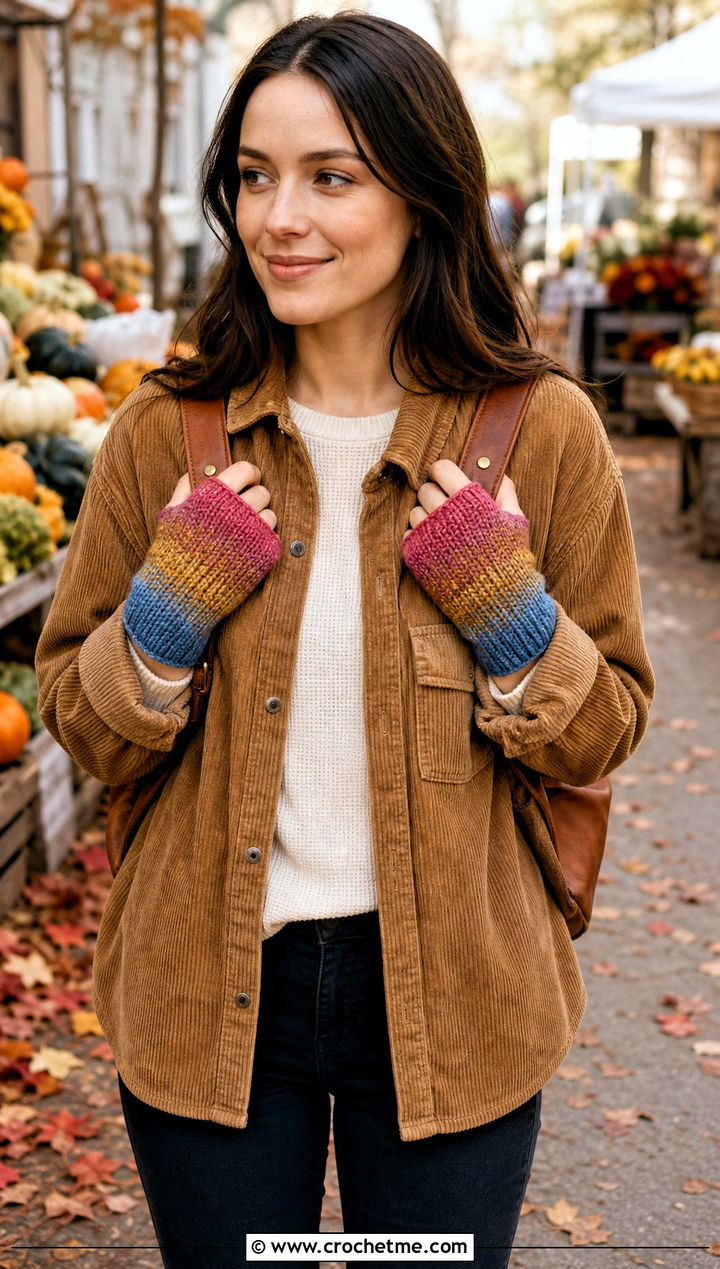 Tunisian Variegated Fingerless Gloves With Corduroy Overshirt - 25 tunisian crochet fingerless gloves outfit ideas