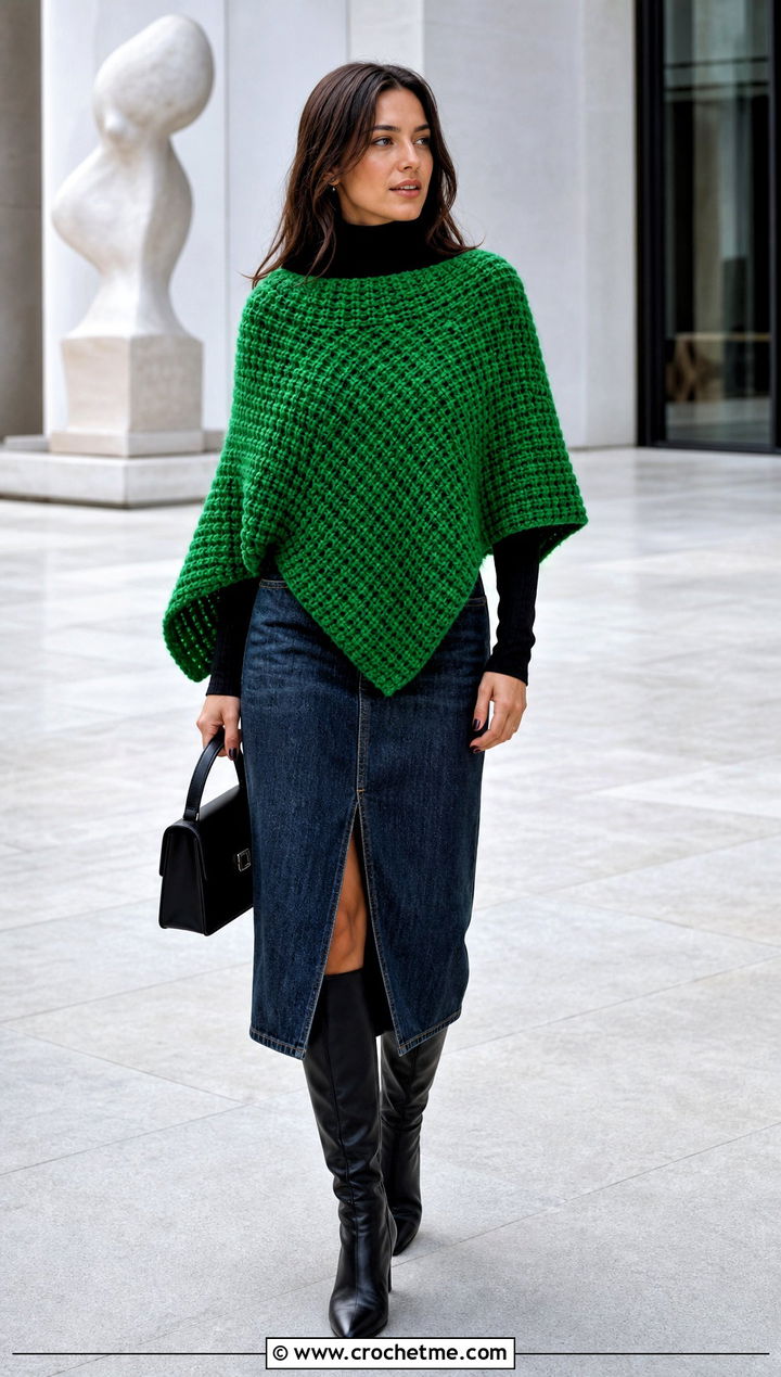 Tunisian Waffle Stitch Poncho With A Denim Skirt - 30 tunisian crochet poncho outfit ideas