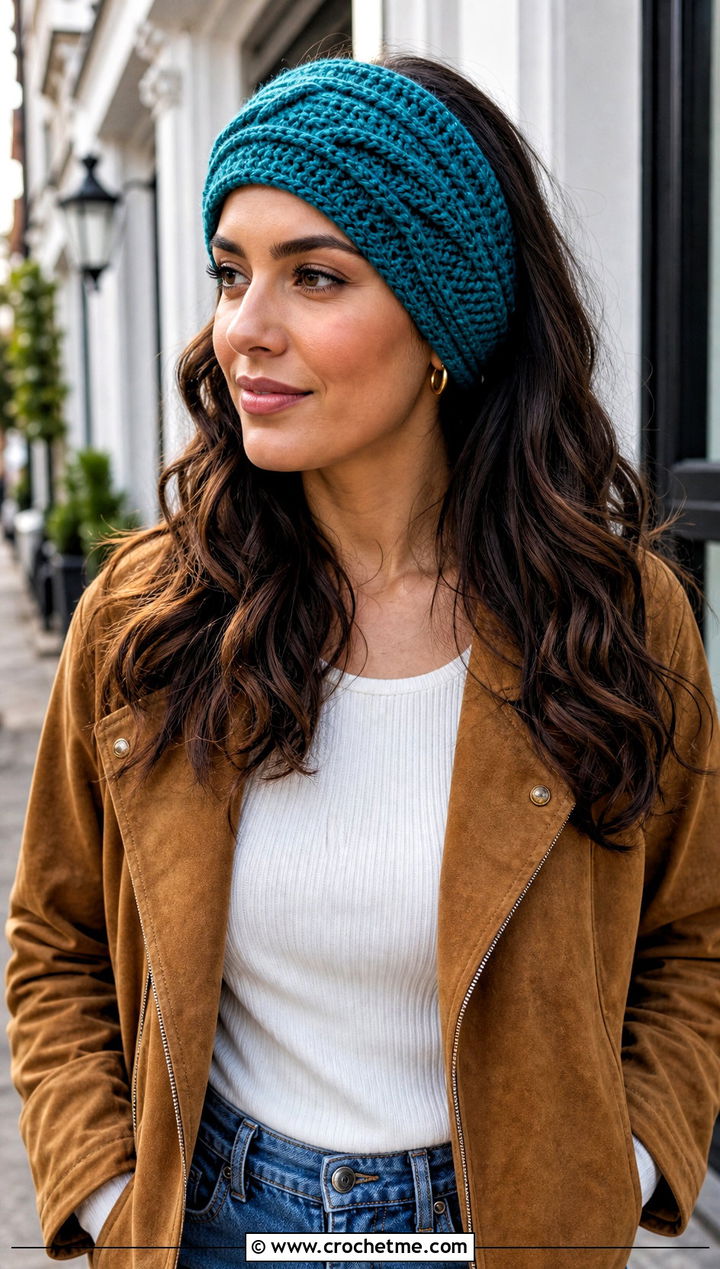 Tunisian Wave Stitch Headband With Wide Leg Jeans - 30 tunisian crochet headband outfit ideas