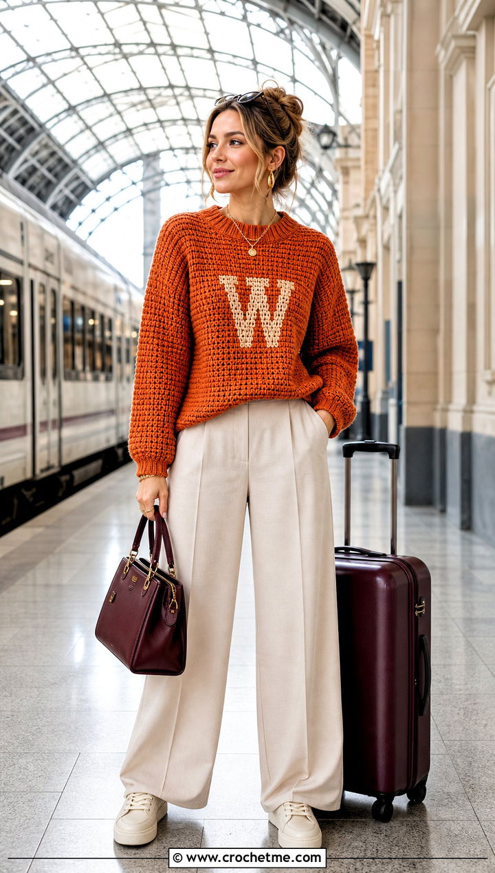Tunisian Weasley Crochet Sweater With Wide Leg Trousers - 35 crochet harry potter sweater outfit ideas