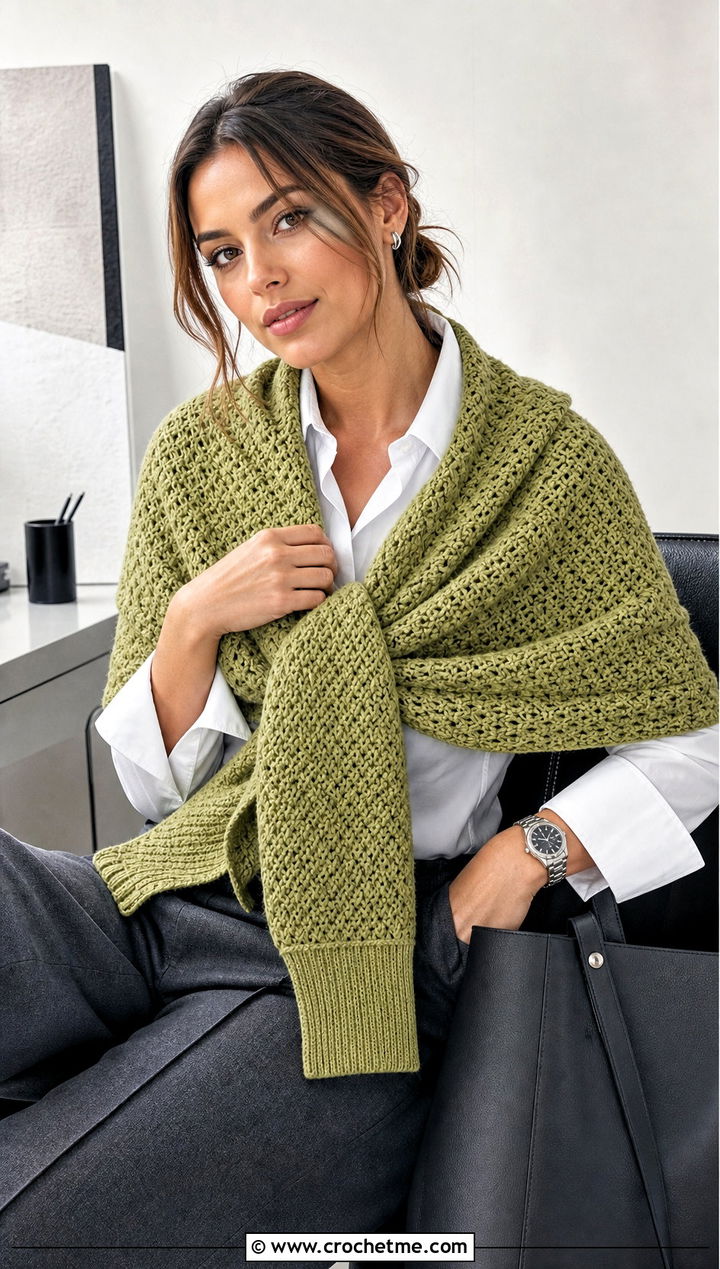 Tunisian Wrap Me Up Crochet Sweater Scarf With Tailored Trousers - 15 Wrap Me Up Crochet Sweater Scarf outfit ideas