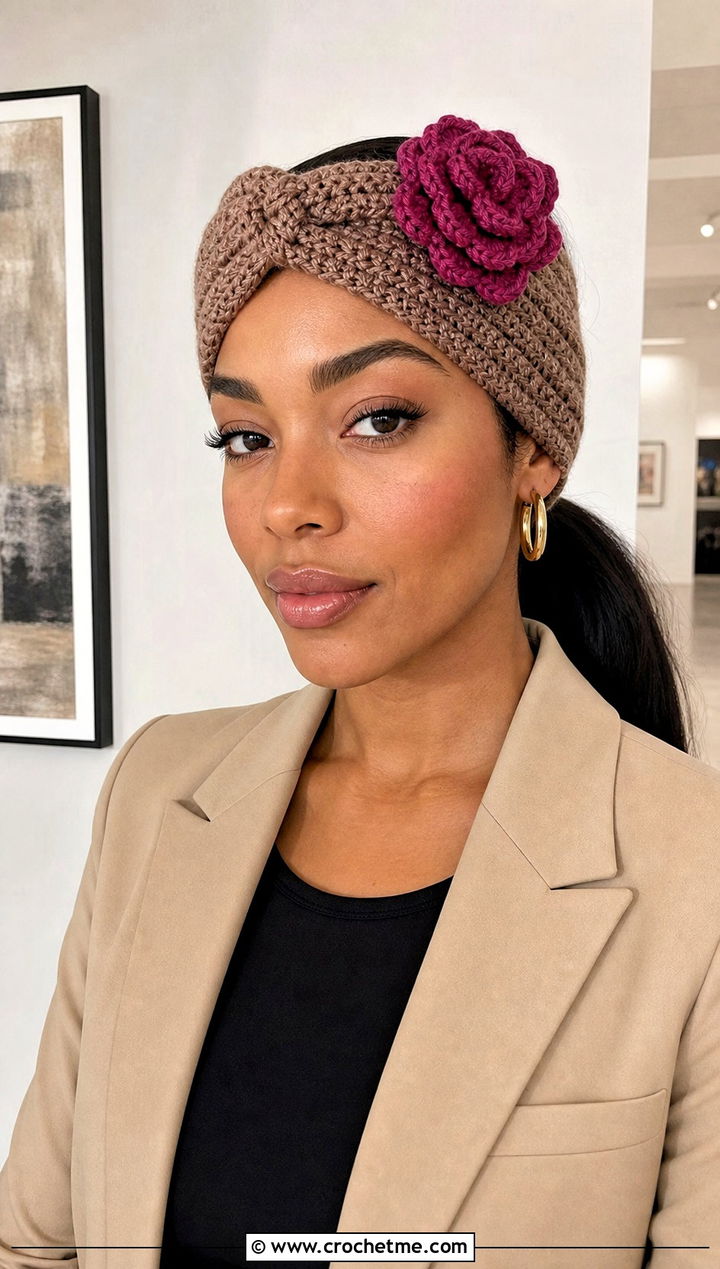 Turban Brown Crochet Camellia Headband With Tailored Suit - 15 brown crochet headband with flower outfit ideas