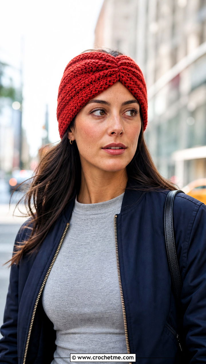 Turban Crochet Ear Warmer With Wide Leg Jeans - 25 Quick Crochet Ear Warmer outfit ideas