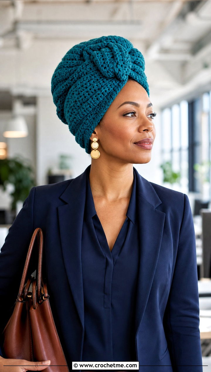 Turban Crochet Head Wrap With Monochrome Workwear - 15 crochet head wraps outfit ideas