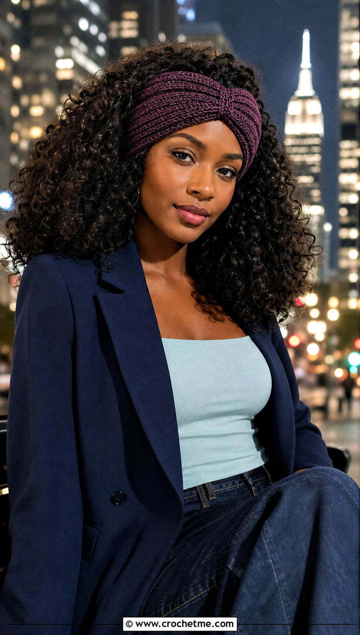 Turban Crochet Headband With Wide Leg Jeans - 30 crochet headband curly hair outfit ideas