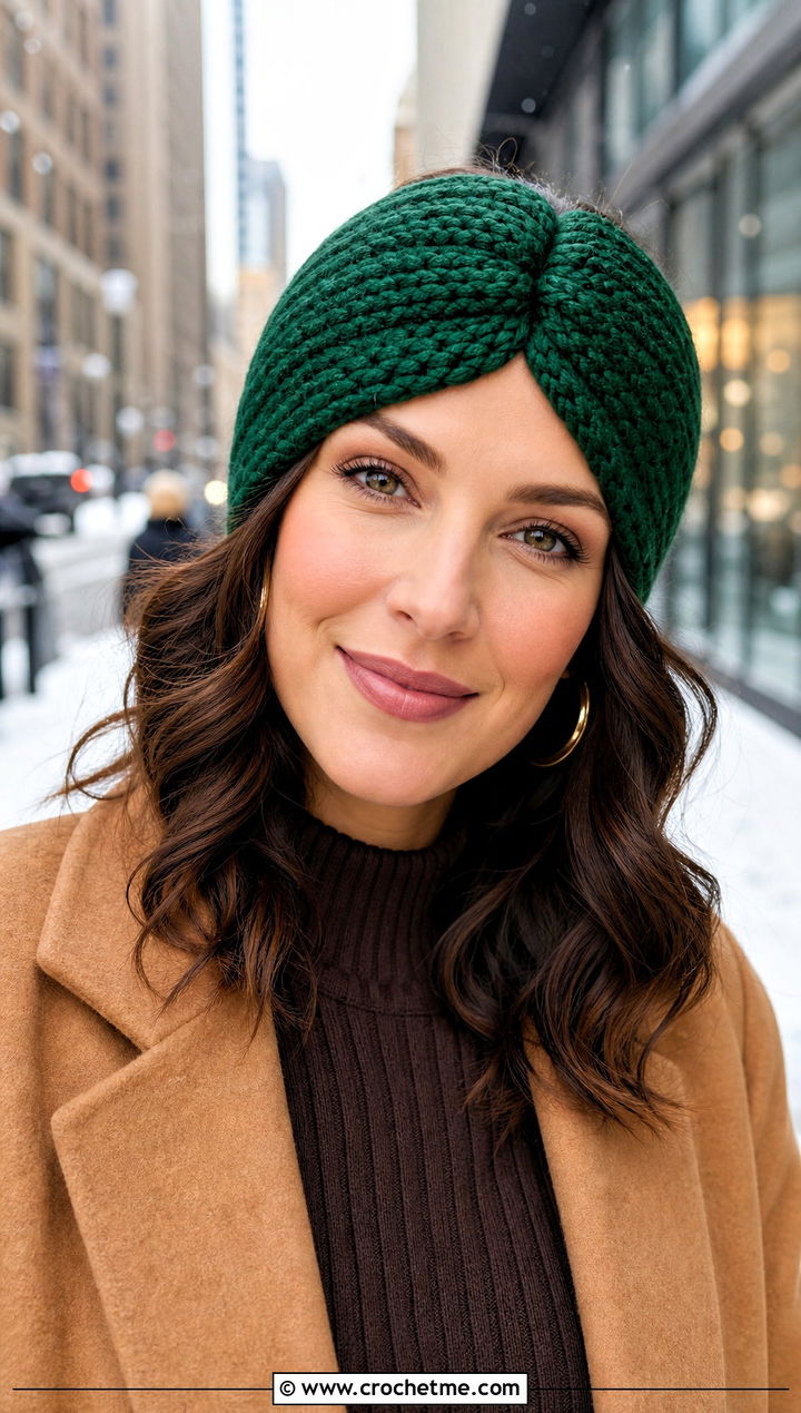 Turban Green Crochet Headband With Knit Dress And Boots - 30 green crochet headband outfit ideas