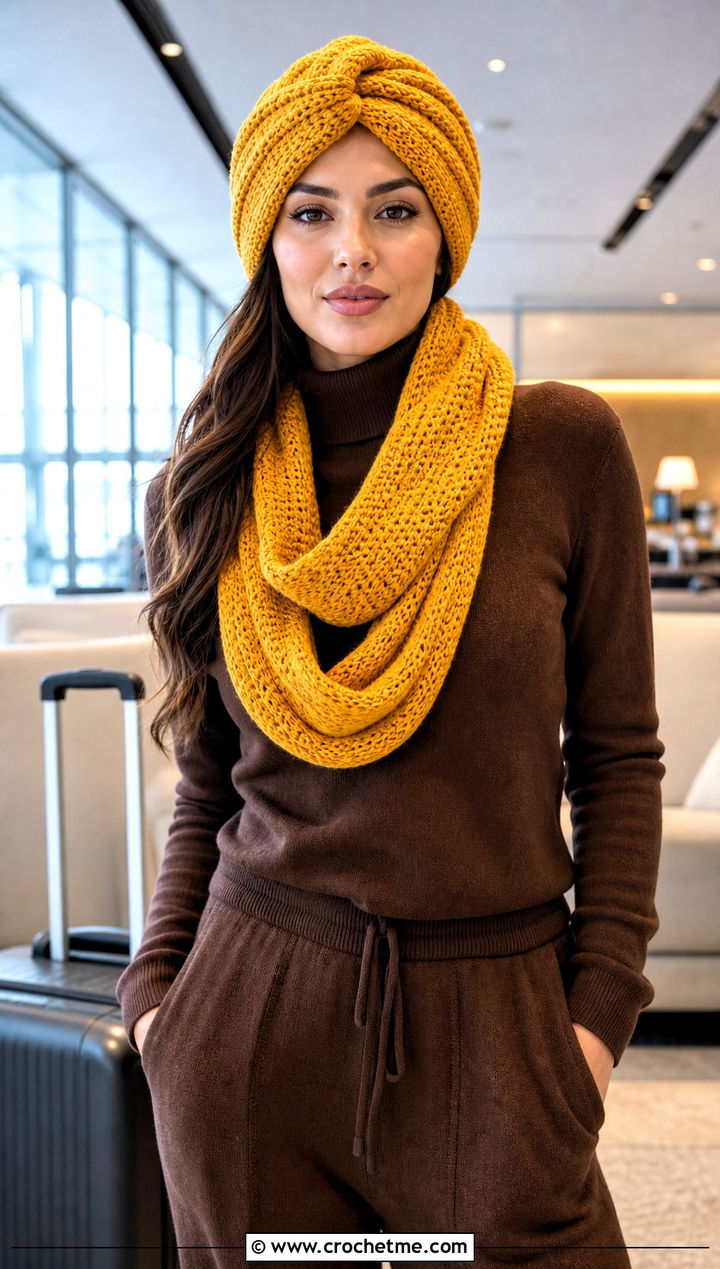 Turban Hat And Loop Scarf With Knit Outfit - 30 crochet hat and scarf outfit ideas