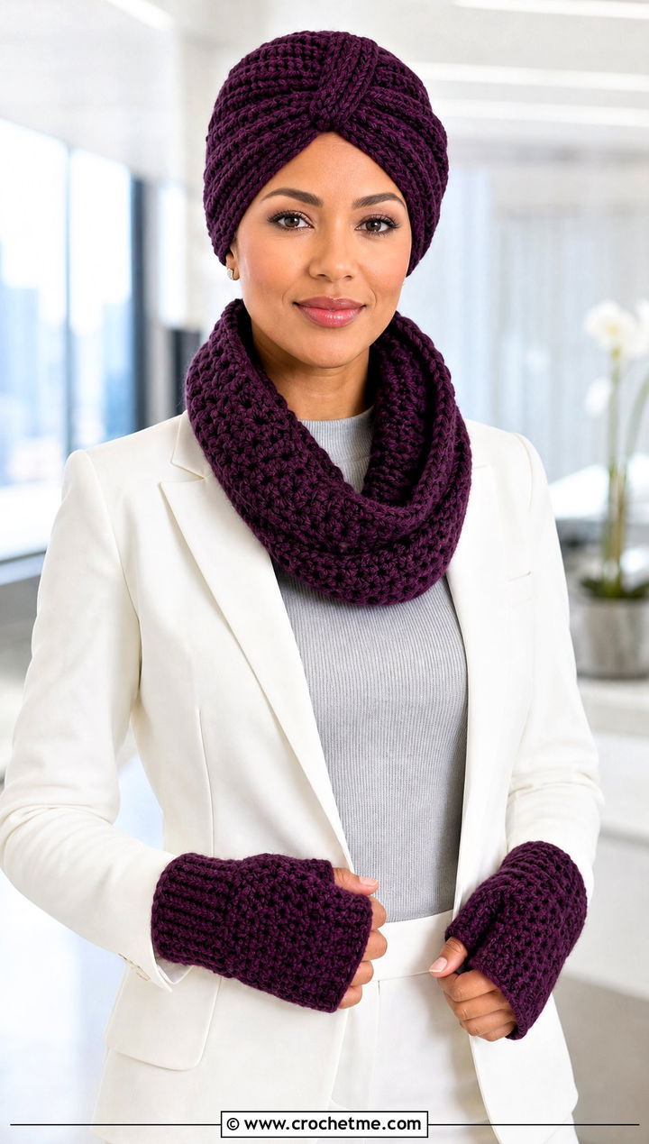 Turban Hat Crochet Cowl And Wrist Warmers With Monochrome Suit - 25 crochet hat scarf gloves set outfit ideas