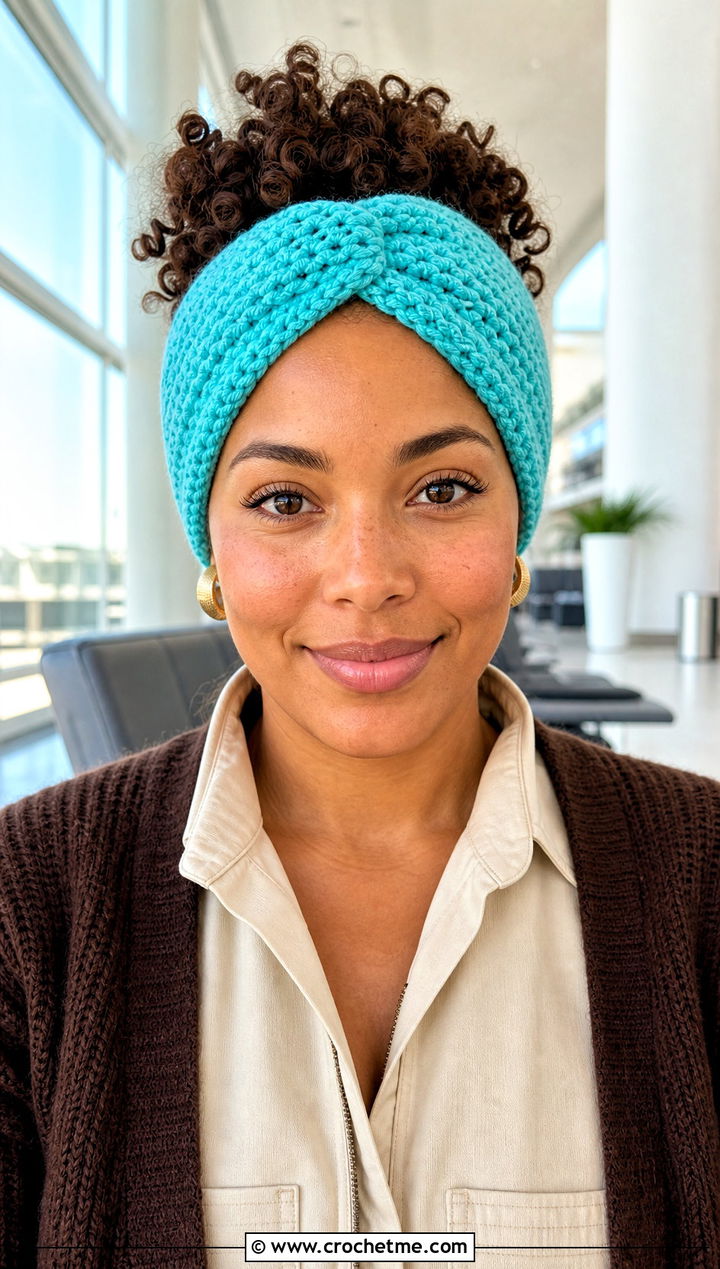 Turban Style Crochet Ear Headband With Jumpsuit And Long Cardigan - 30 crochet ear headband outfit ideas