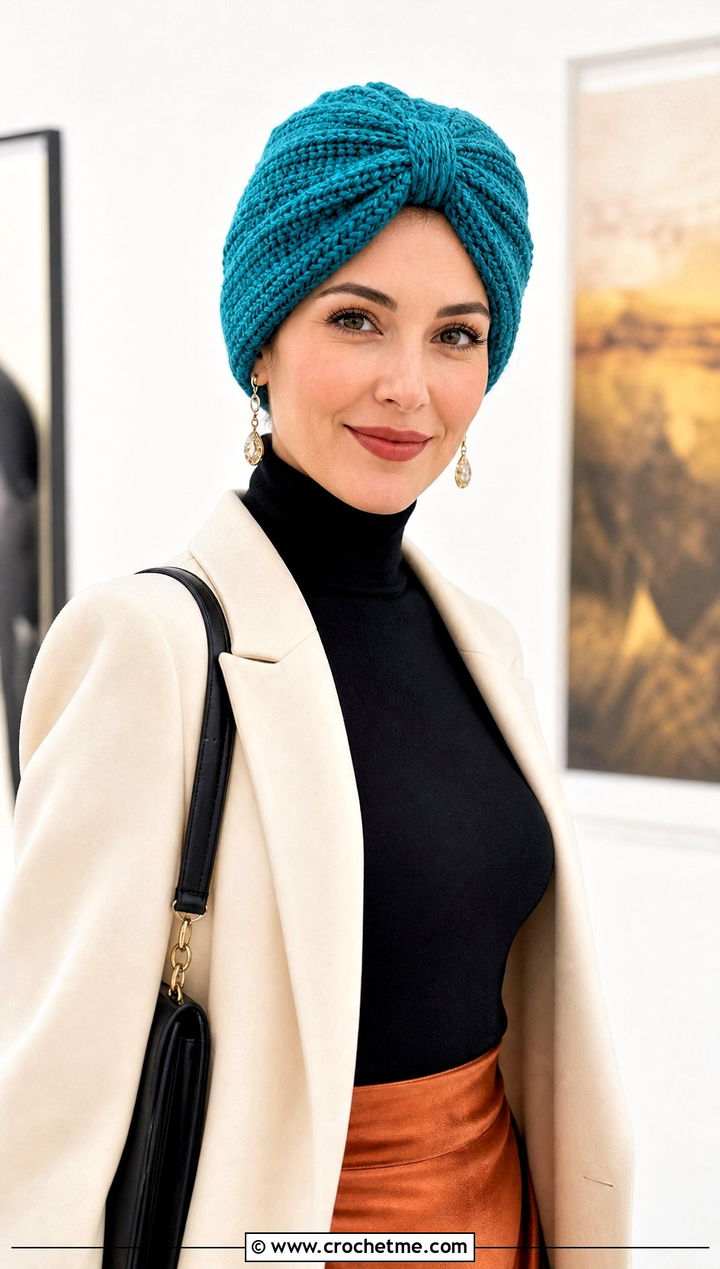 Turban Worsted Crochet Beanie With Turtleneck And Satin Skirt - 15 Worsted Crochet Beanie outfit ideas