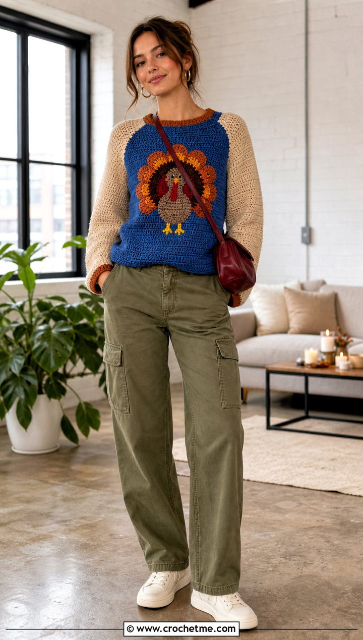 Turkey Raglan Crochet Sweater With Cargo Pants - 25 Crochet Thanksgiving Sweater outfit ideas