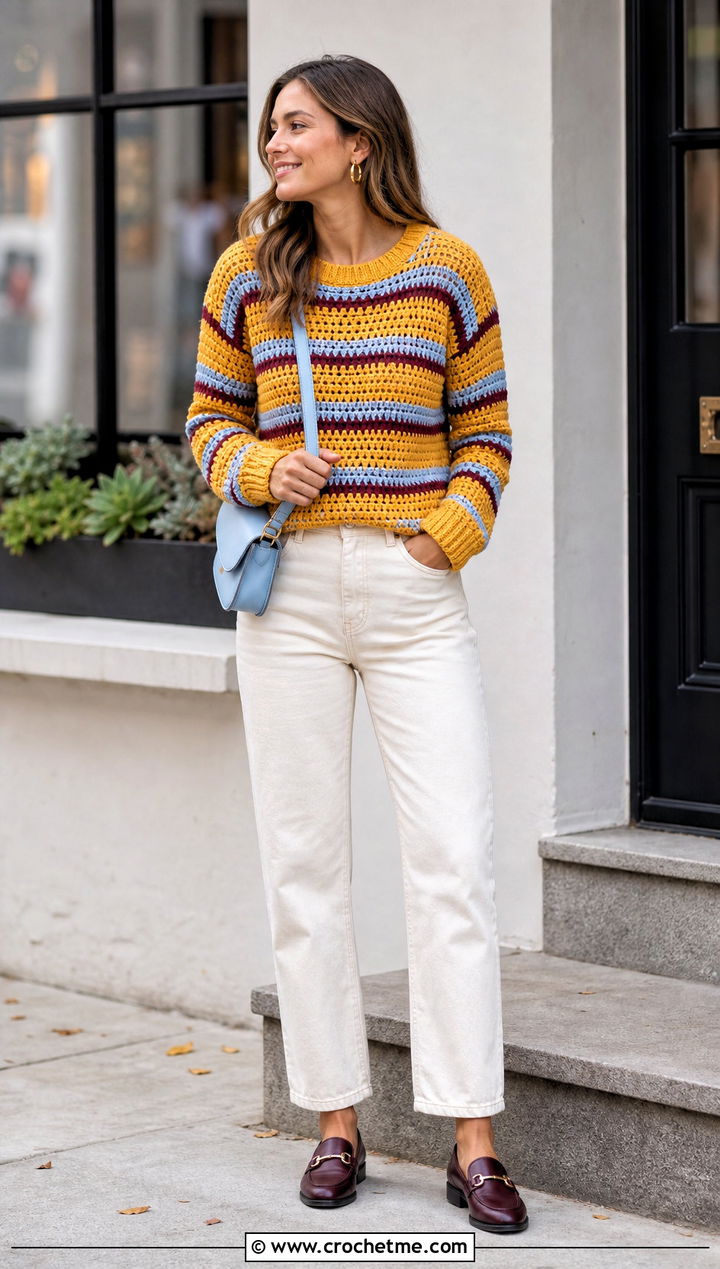 Turmeric Yellow Crochet Striped Sweater With Cream Jeans - 30 Crochet Yellow Sweater outfit ideas