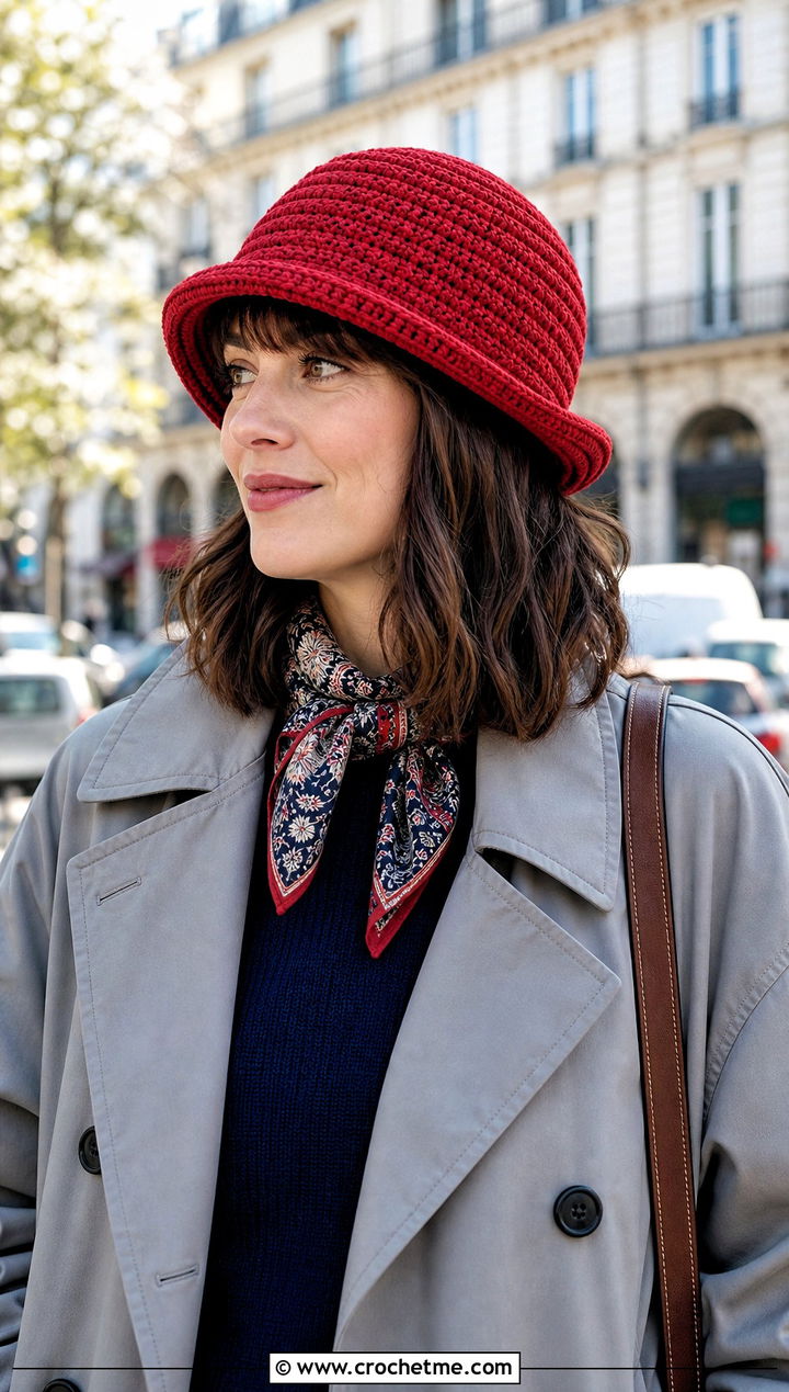 Turned Up Brim Crochet Flapper Hat With Trench Coat - 30 crochet flapper hat outfit ideas