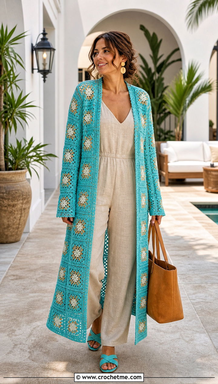 Turquoise Blue Duster Granny Square Cardigan With Linen Jumpsuit - 30 blue granny square cardigan outfit ideas