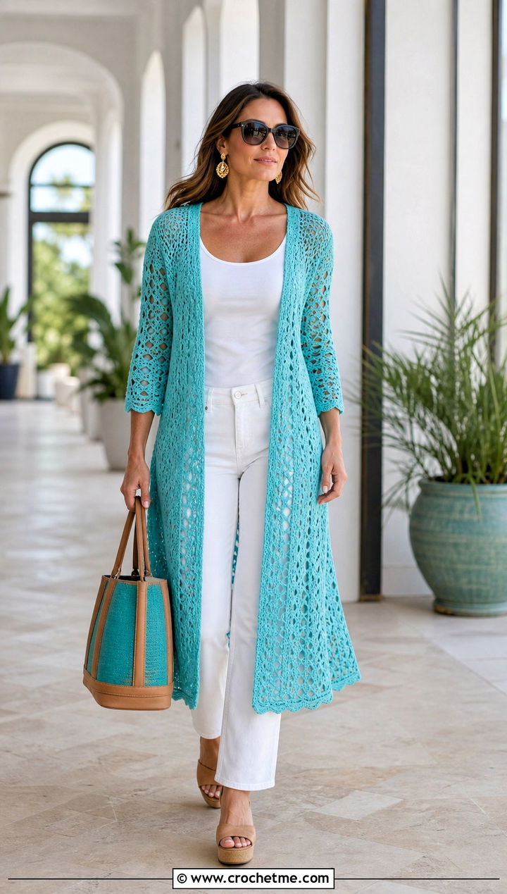 Turquoise Crochet Duster Sweater With Monochrome Basics - 35 crochet light sweater outfit ideas