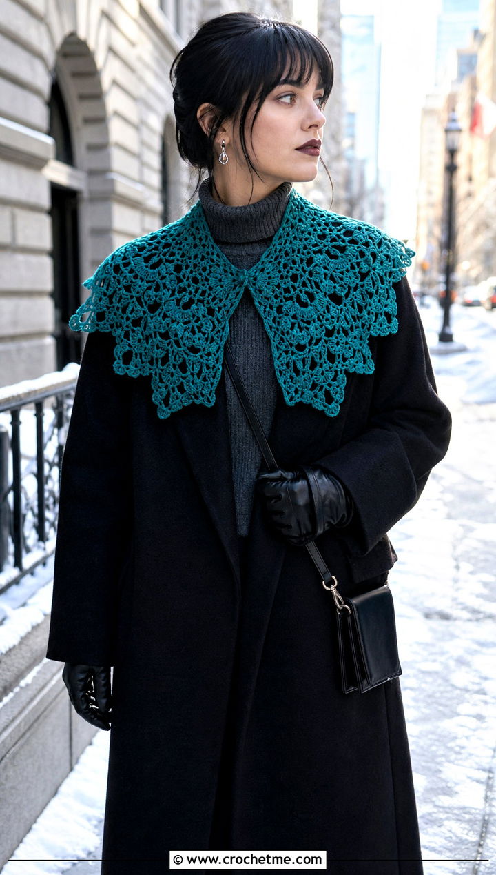 Turquoise Oversized Bertha Crochet Collar With Winter Coat - 15 wednesday addams crochet collar outfit ideas
