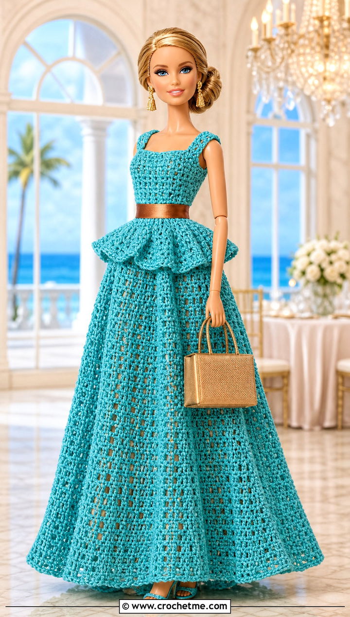 Turquoise Peplum Crochet Barbie Ball Gown - 30 crochet barbie ball gowns outfit ideas