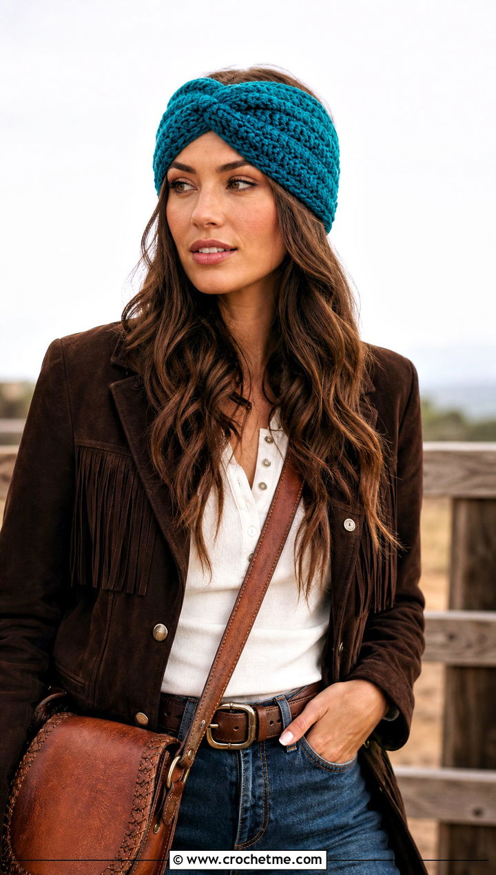 Turquoise Ravencraft Crochet Earwarmer With Suede Jacket And Flare Jeans - 15 ravencraft crochet earwarmer outfit ideas