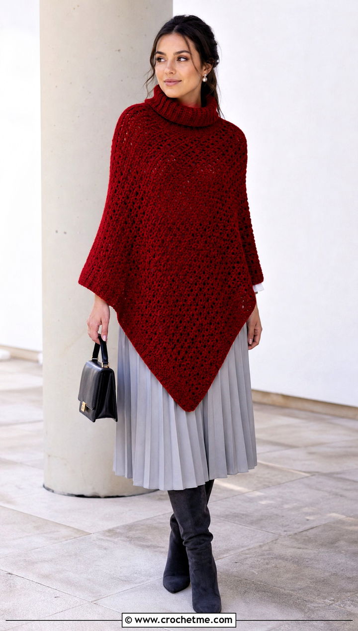 Turtleneck Asymmetrical Crochet Poncho With Pleated Skirt - 25 Asymmetrical Crochet Poncho outfit ideas