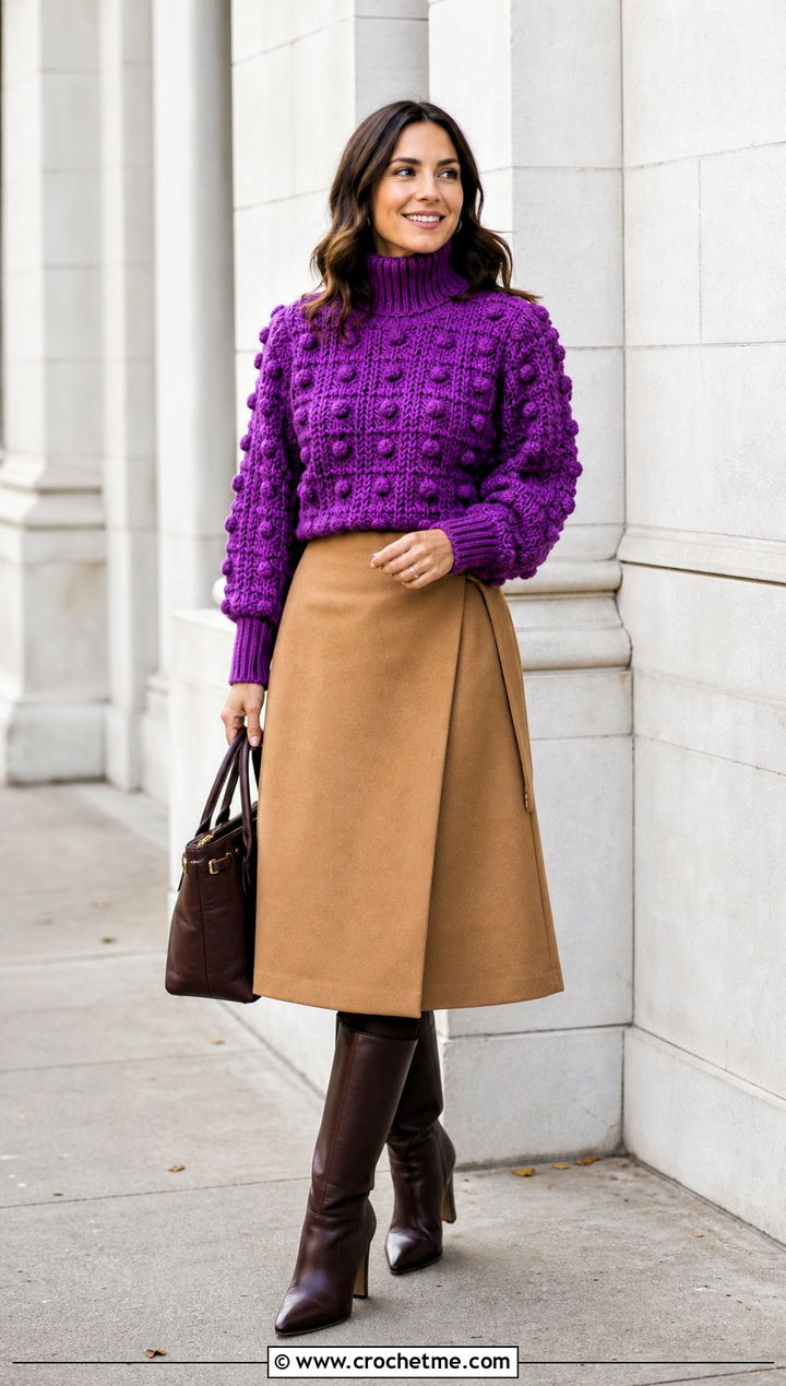 Turtleneck Bobble Sweater With A Line Skirt - 25 crochet bobble sweater outfit ideas