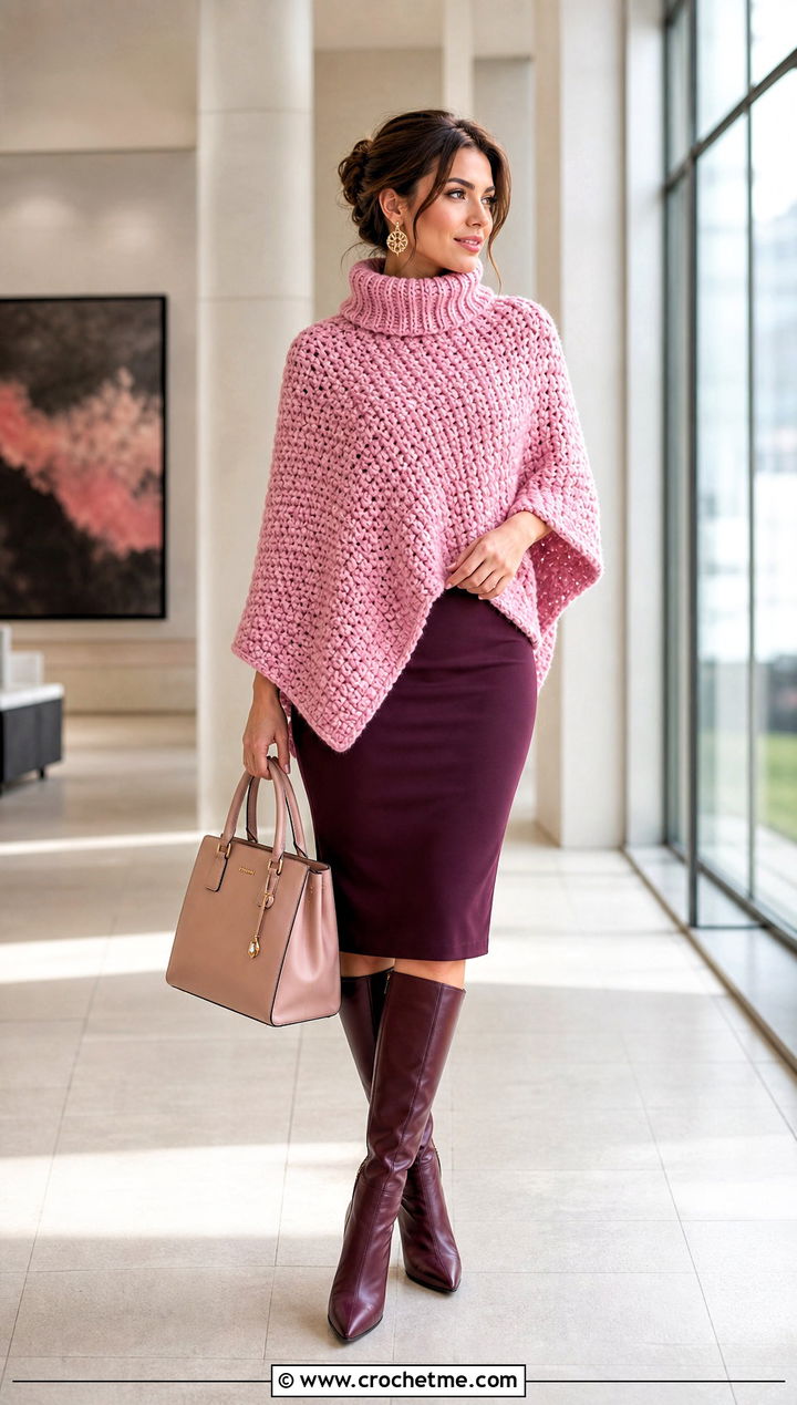 Turtleneck Chunky Crochet Poncho With Pencil Skirt - 25 Chunky Yarn Crochet Poncho outfit ideas