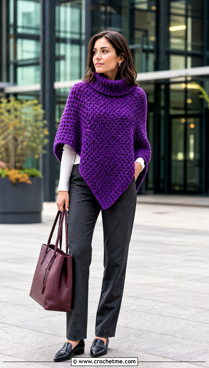 Turtleneck Chunky Crochet Poncho With Tailored Trousers - 25 Chunky Crochet Poncho outfit ideas