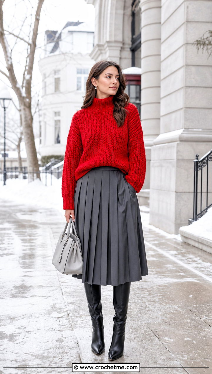 Turtleneck Chunky Crochet Sweater With Pleated Midi Skirt - 25 Easy Chunky Crochet Sweater outfit ideas