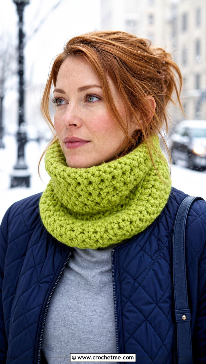 Turtleneck Chunky Yarn Crochet Cowl With Quilted Jacket - 25 Chunky Yarn Crochet Cowl outfit ideas