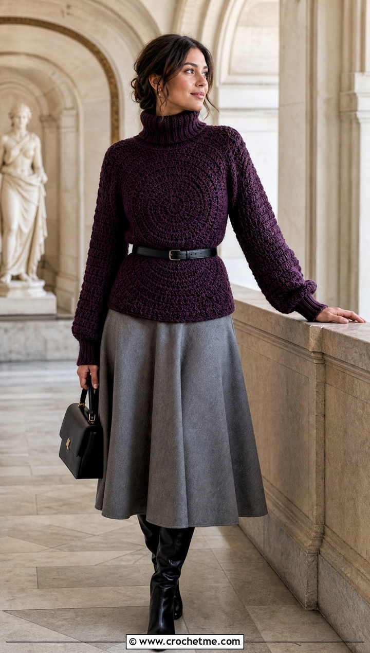 Turtleneck Circle Crochet Sweater With Midi Skirt - 25 Circle Crochet Sweater outfit ideas