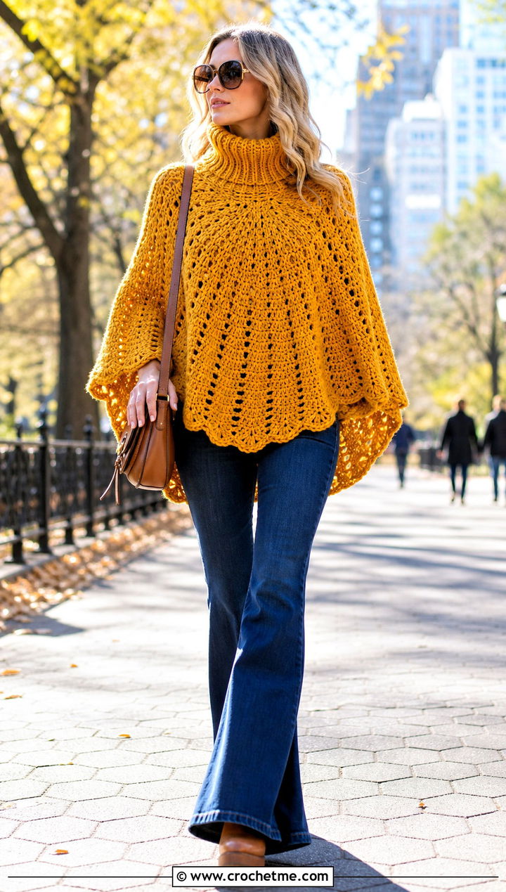 Turtleneck Circle Poncho With Flared Jeans - 25 Crochet Circle Poncho outfit ideas