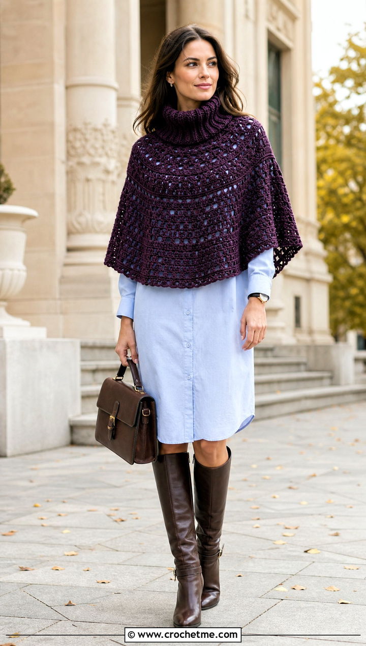 Turtleneck Circular Poncho With Shirt Dress - 25 Crochet Circular Poncho outfit ideas