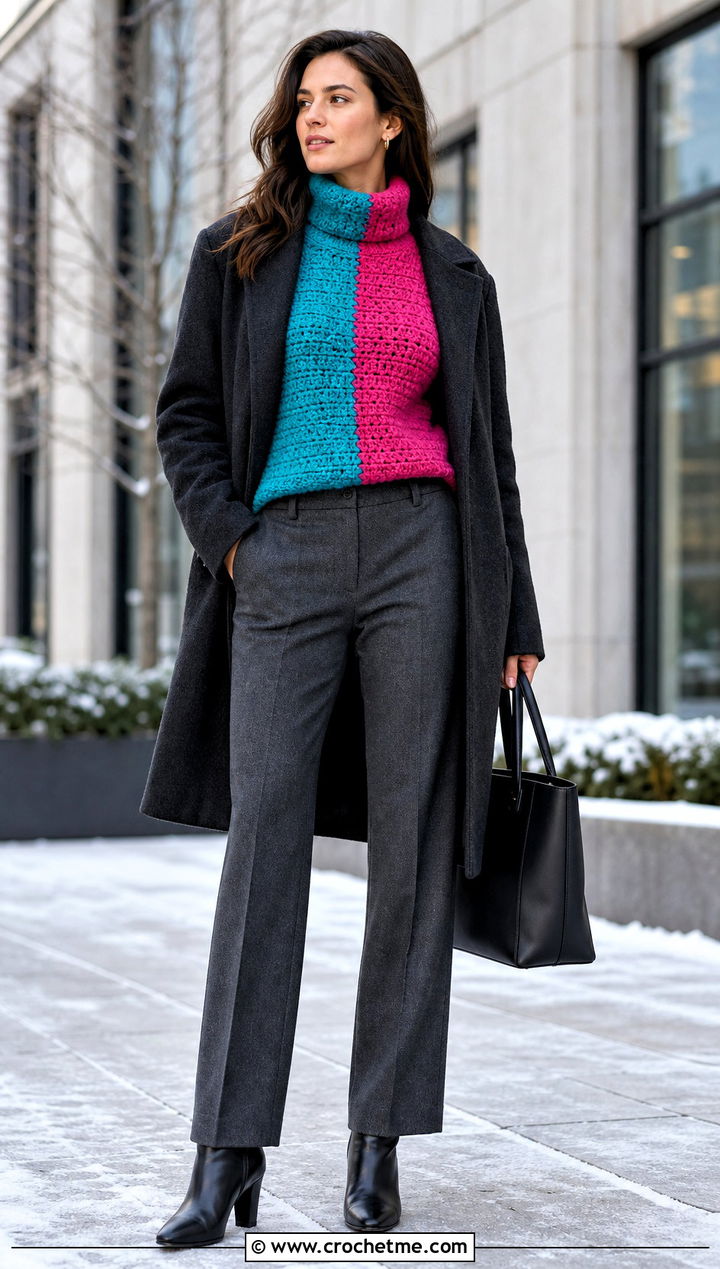 Turtleneck Colourblock Crochet Sweater With Long Wool Coat - 15 Colourblock Crochet Sweater outfit ideas