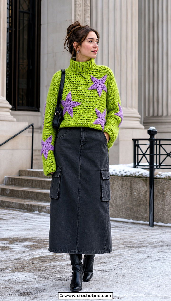 Turtleneck Coraline Star Crochet Sweater With Cargo Maxi Skirt - 25 Coraline Star Crochet Sweater outfit ideas