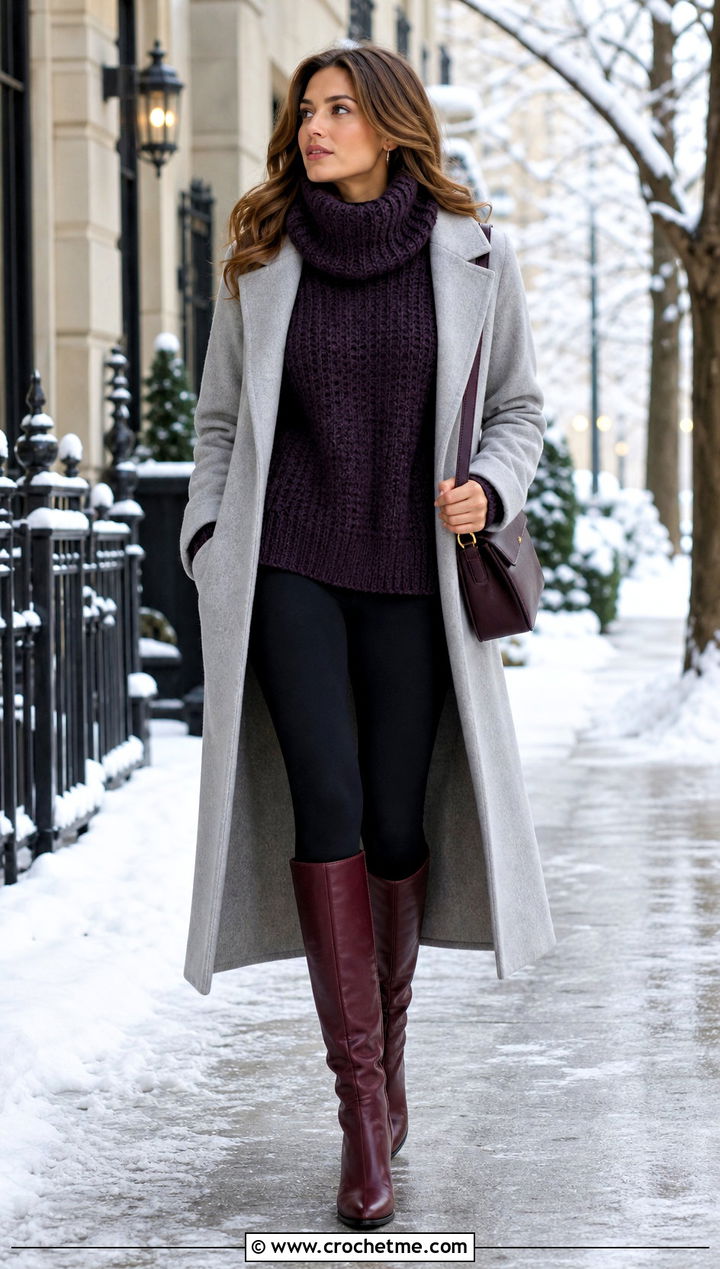 Turtleneck Crochet Baggy Sweater With Leggings And Knee High Boots - 30 crochet baggy sweater outfit ideas