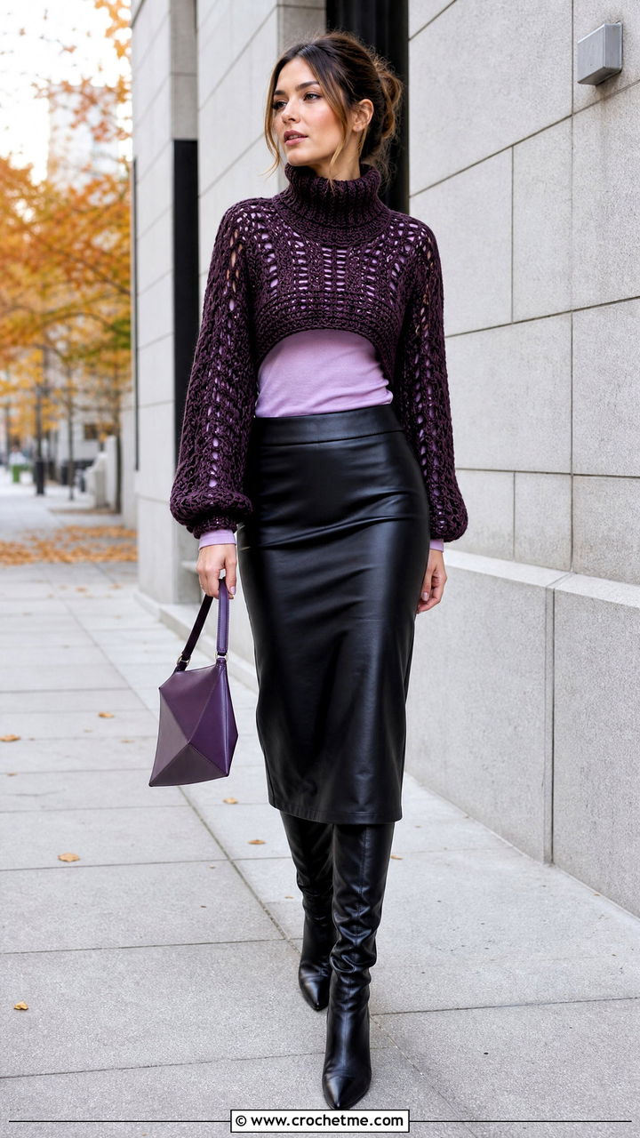 Turtleneck Crochet Bodyless Sweater With Leather Skirt - 35 crochet half sweater outfit ideas
