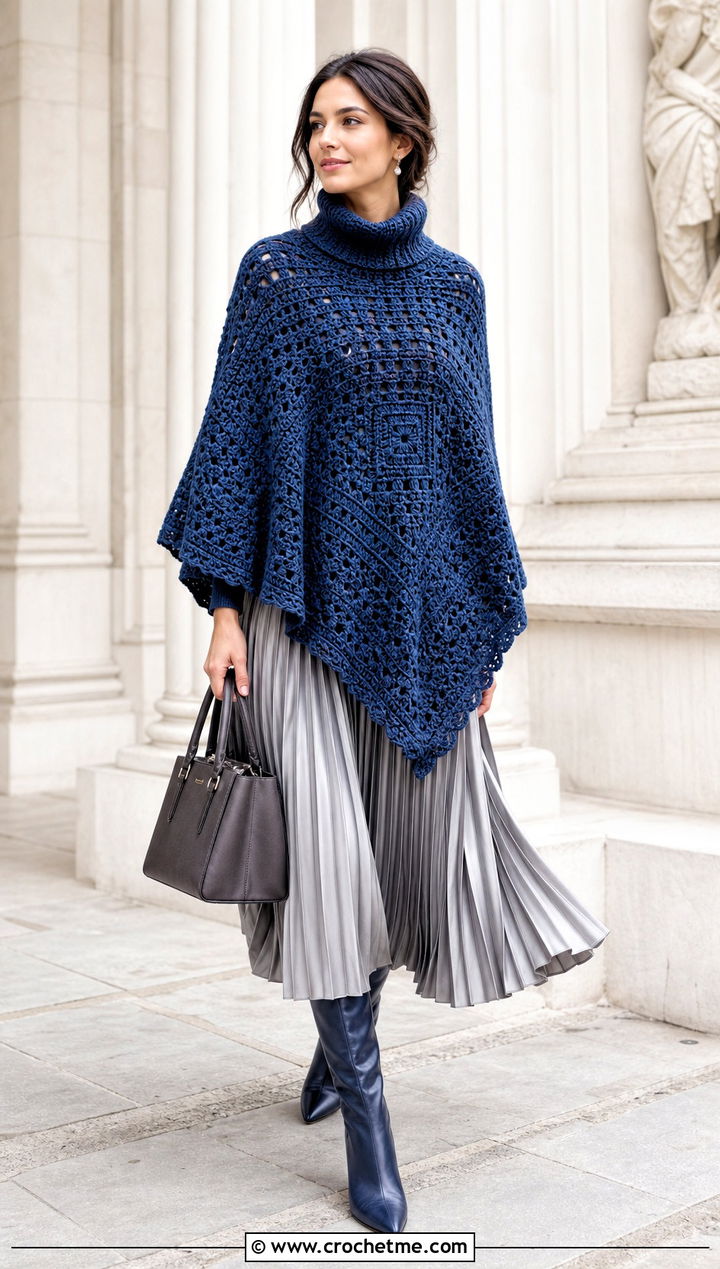 Turtleneck Crochet Boho Poncho With Pleated Midi Skirt - 30 crochet boho poncho outfit ideas